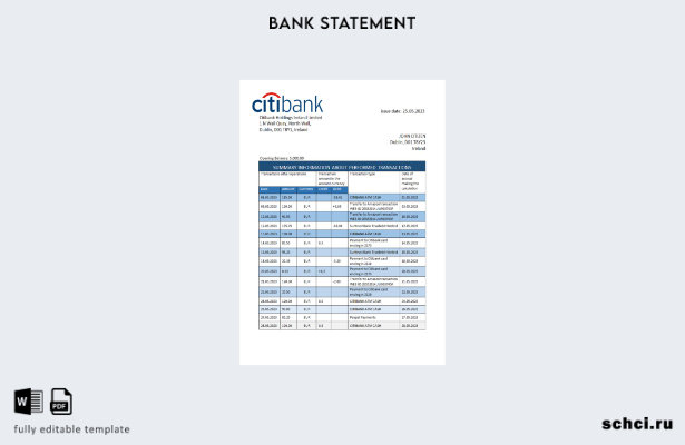цифровая загрузка шаблона слова банковской выписки Ирландского банка Citibank